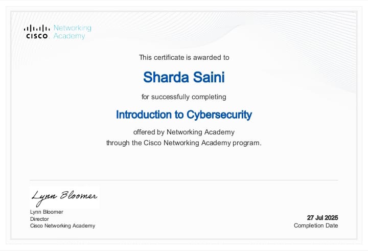 Cisco Introduction to Cybersecurity Course Certification