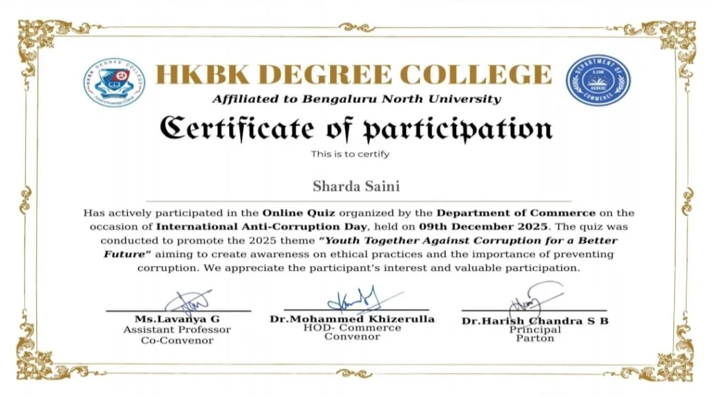 Quiz on International Anti Corruption Day 2025 Certificate